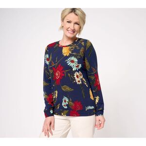 Maya J Women's Top Sz M Denim & Co. Printed Heavenly Jersey Round Blue A611675